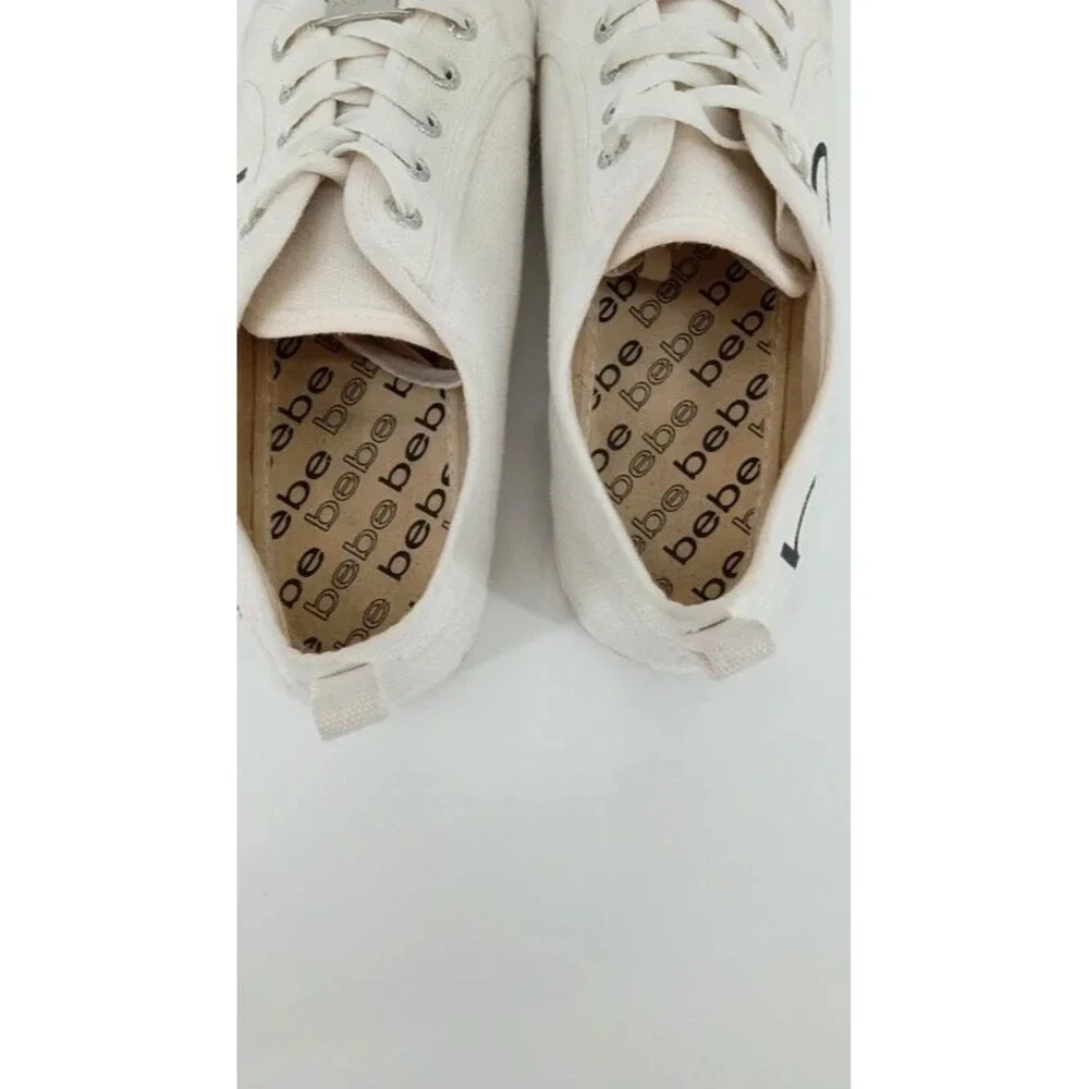 Y2K White Canvas Platform Sneakers Black Logo Bebe Sport Size 10